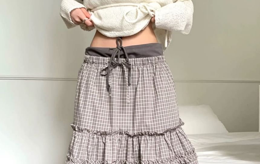 Plaid Frill Trim Midi A-Line Skirt - Altfashion Shop
