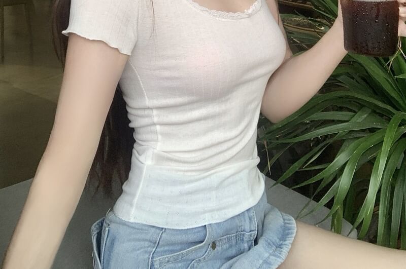 Lace-Trimmed Scoop Neck Tee with Short Sleeves