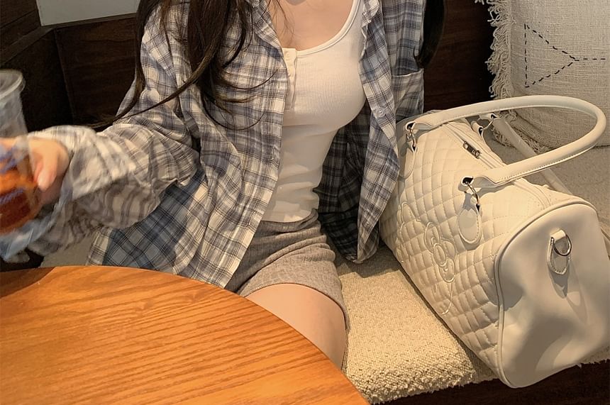 Oversized Plaid Collared Long-Sleeve Shirt