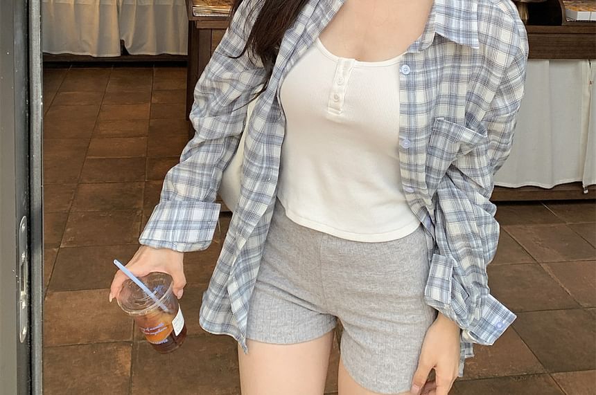 Oversized Plaid Collared Long-Sleeve Shirt