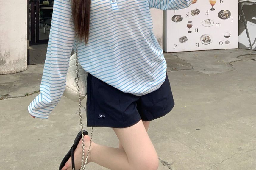 Henley Neck Striped Tee with Long Sleeves