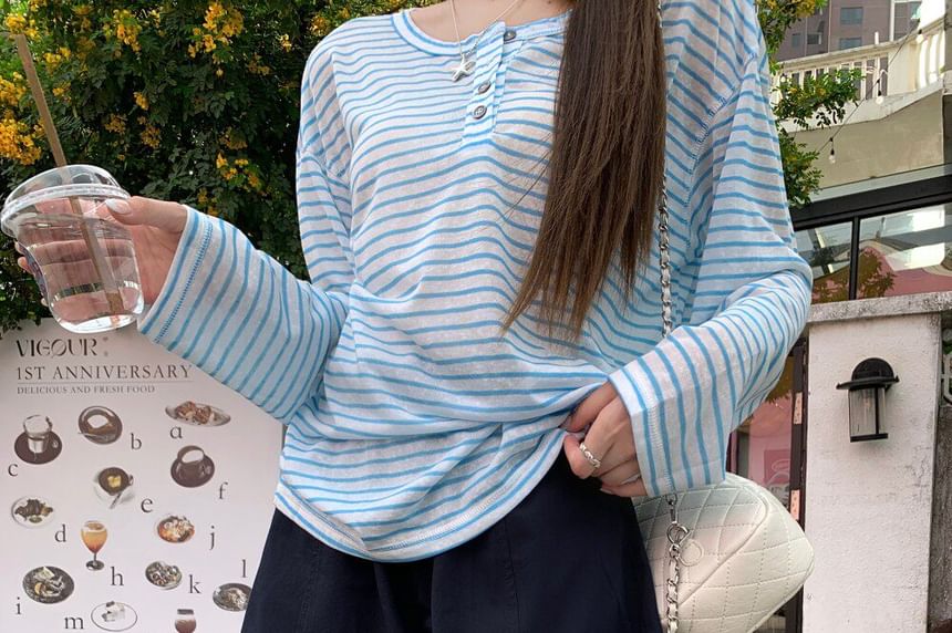 Henley Neck Striped Tee with Long Sleeves