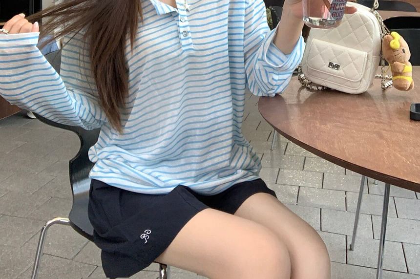 Henley Neck Striped Tee with Long Sleeves