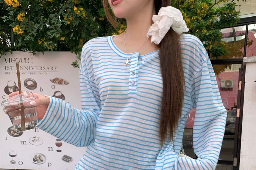 Henley Neck Striped Tee with Long Sleeves