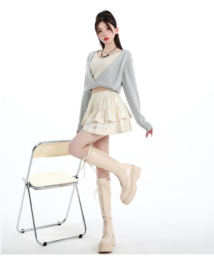 Lace Panel Velvet Mini A-Line Skirt - Altfashion Shop