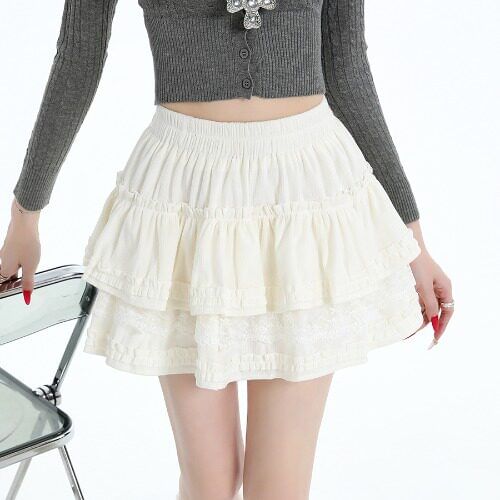 Lace Panel Velvet Mini A-Line Skirt - Altfashion Shop