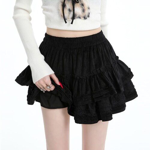 Lace Panel Velvet Mini A-Line Skirt - Altfashion Shop