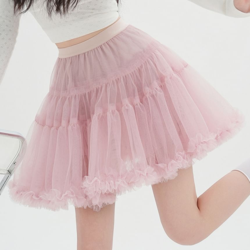 Frill Trim Layered Mesh Mini Skirt - Altfashion Shop