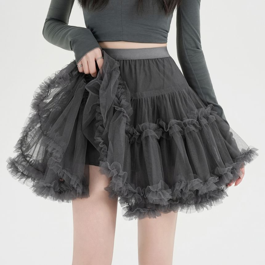 Frill Trim Layered Mesh Mini Skirt - Altfashion Shop