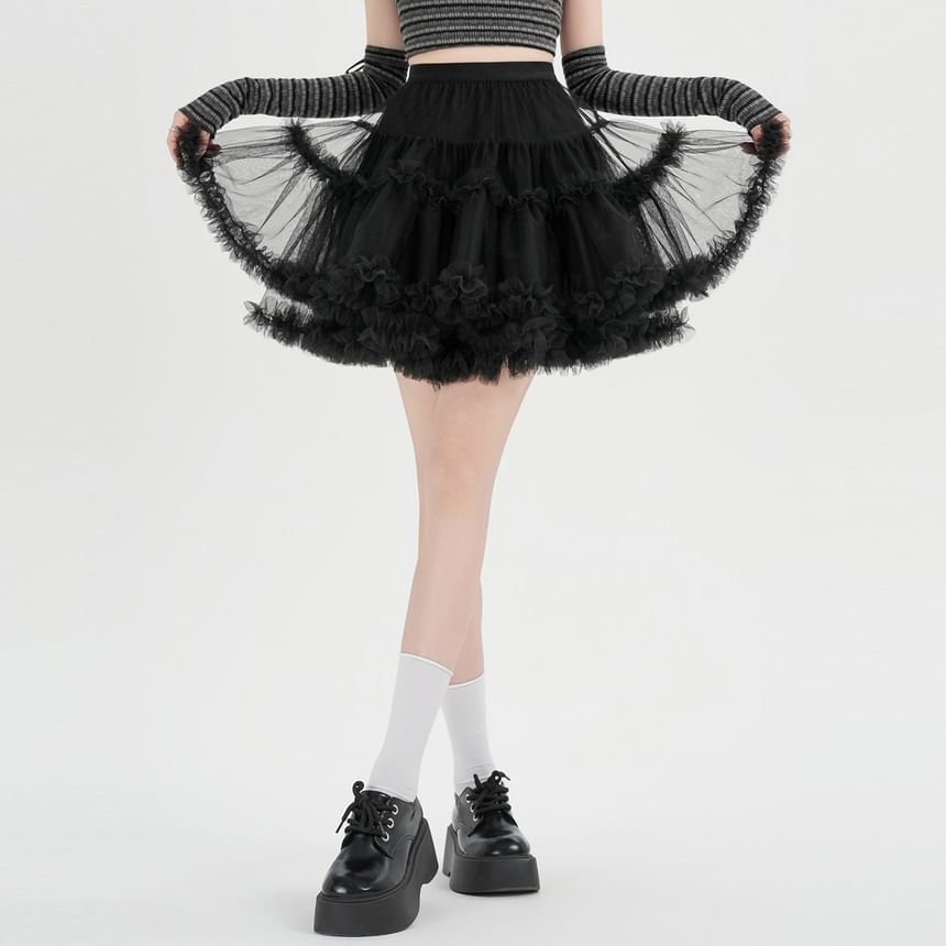 Frill Trim Layered Mesh Mini Skirt - Altfashion Shop