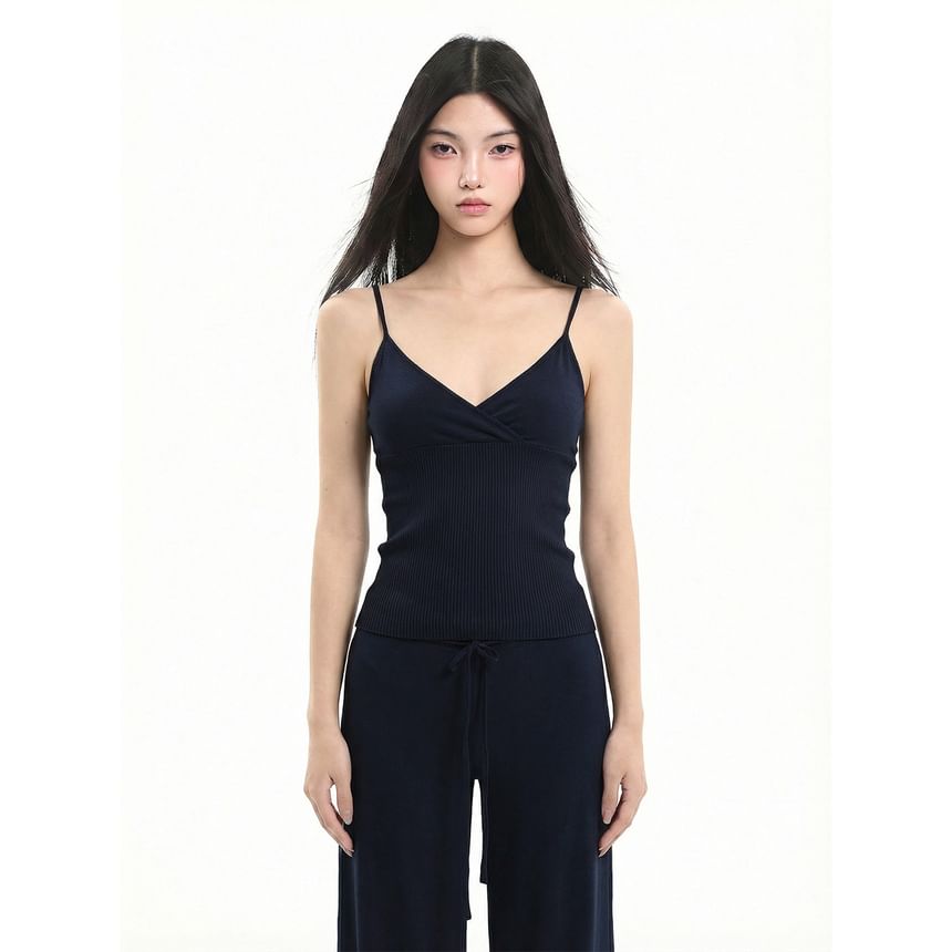 V-Neck Solid Knit Cropped Camisole & Drawstring Wide Leg Pants