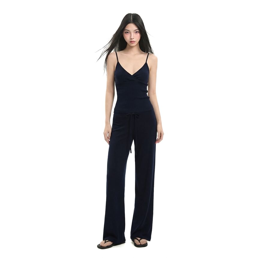 V-Neck Solid Knit Cropped Camisole & Drawstring Wide Leg Pants