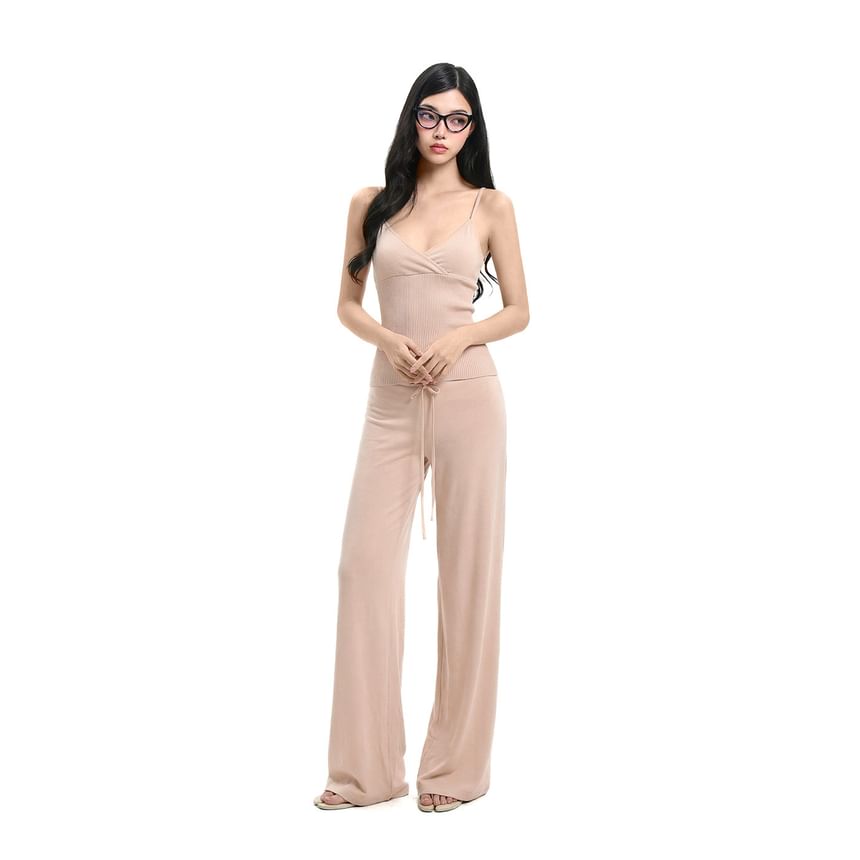 V-Neck Solid Knit Cropped Camisole & Drawstring Wide Leg Pants