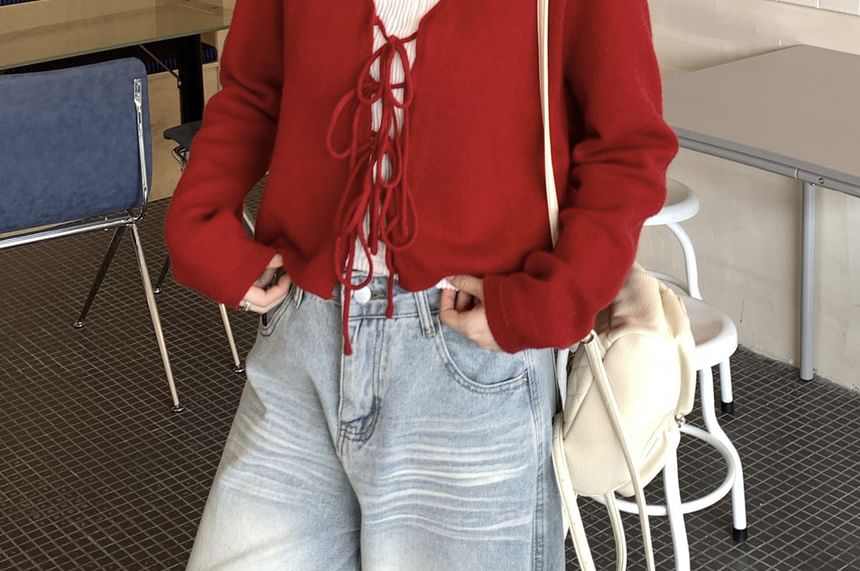 V-Neck Plain Tie Front Cardigan