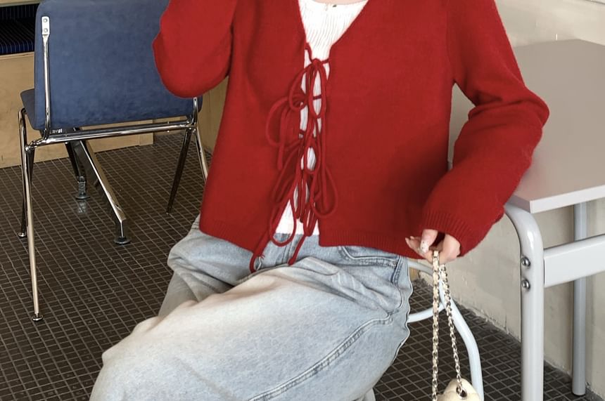 V-Neck Plain Tie Front Cardigan