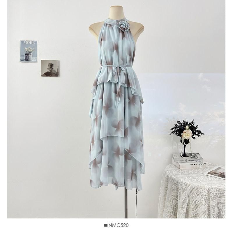 Sleeveless Mock Neck Tie Dye Tiered Maxi A-Line Dress