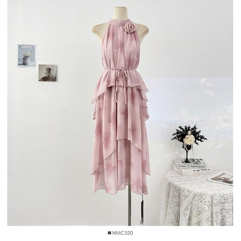 Sleeveless Mock Neck Tie Dye Tiered Maxi A-Line Dress