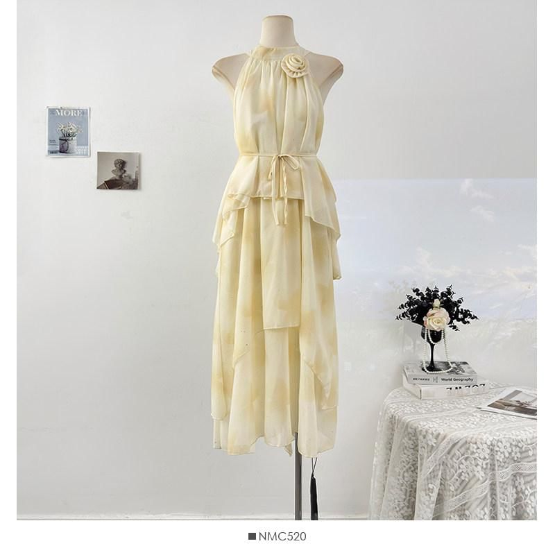 Sleeveless Mock Neck Tie Dye Tiered Maxi A-Line Dress