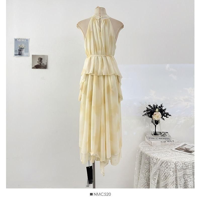 Sleeveless Mock Neck Tie Dye Tiered Maxi A-Line Dress