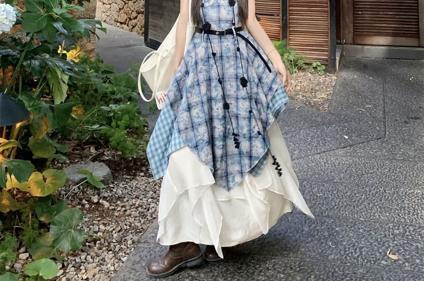 Spaghetti Strap Plaid Midi Dress / Asymmetrical Maxi Skirt - Altfashion Shop