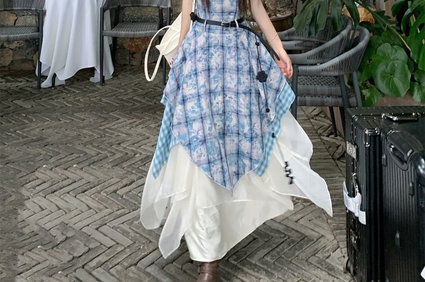 Spaghetti Strap Plaid Midi Dress / Asymmetrical Maxi Skirt - Altfashion Shop