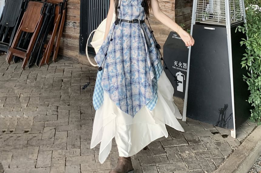 Spaghetti Strap Plaid Midi Dress / Asymmetrical Maxi Skirt - Altfashion Shop