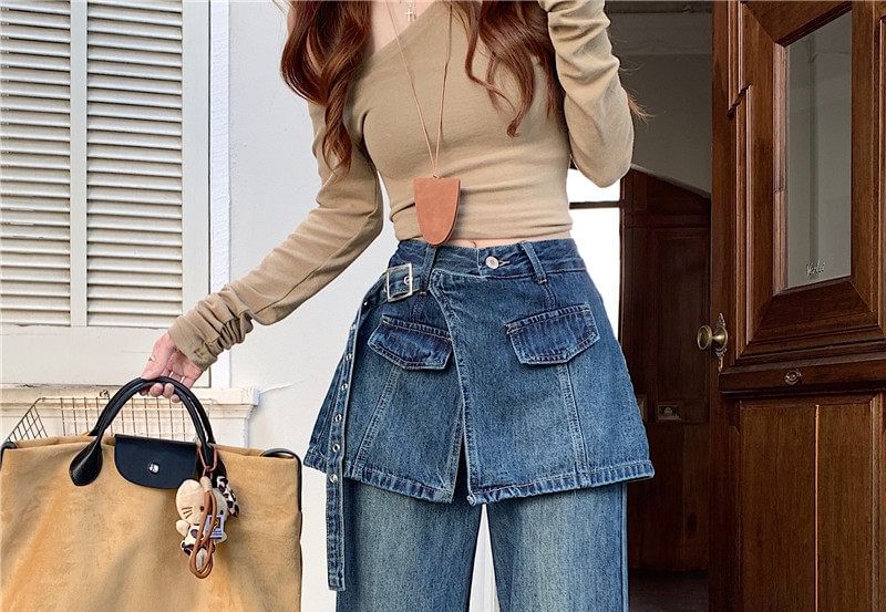 Washed Overlay Flared Denim Mini Skirt - Altfashion Shop