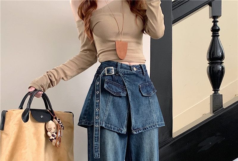 Washed Overlay Flared Denim Mini Skirt - Altfashion Shop