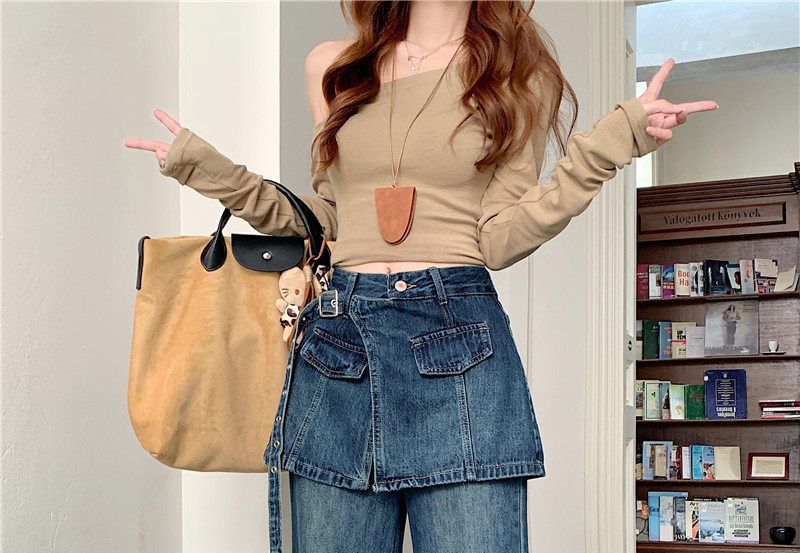Washed Overlay Flared Denim Mini Skirt - Altfashion Shop