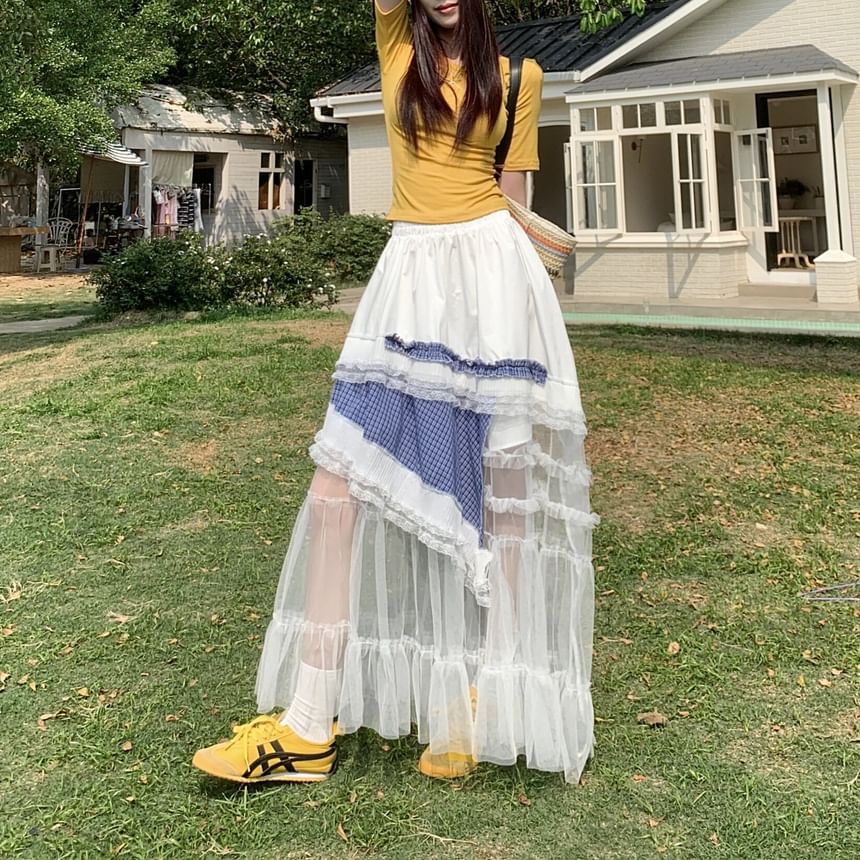 Plaid Ruffle Mesh Maxi A-Line Skirt - Altfashion Shop
