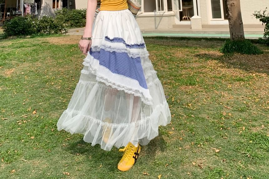 Plaid Ruffle Mesh Maxi A-Line Skirt - Altfashion Shop