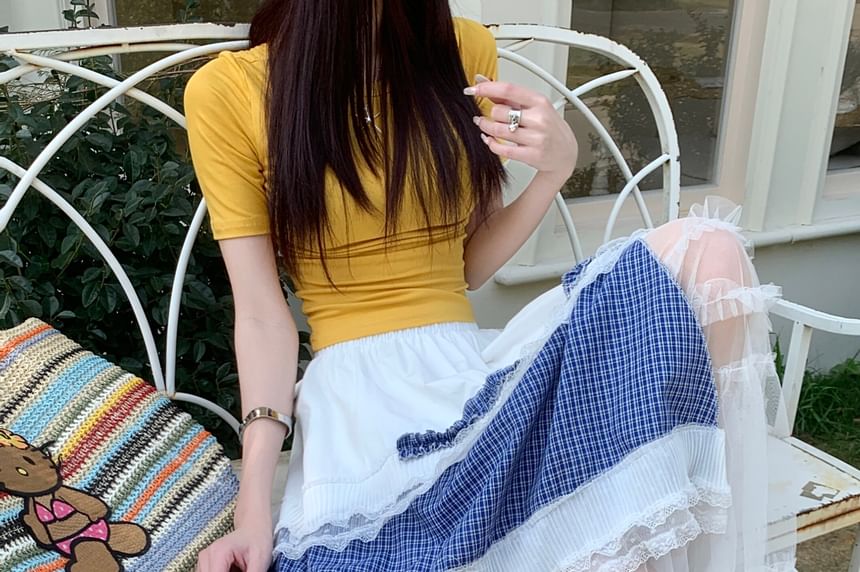 Plaid Ruffle Mesh Maxi A-Line Skirt - Altfashion Shop
