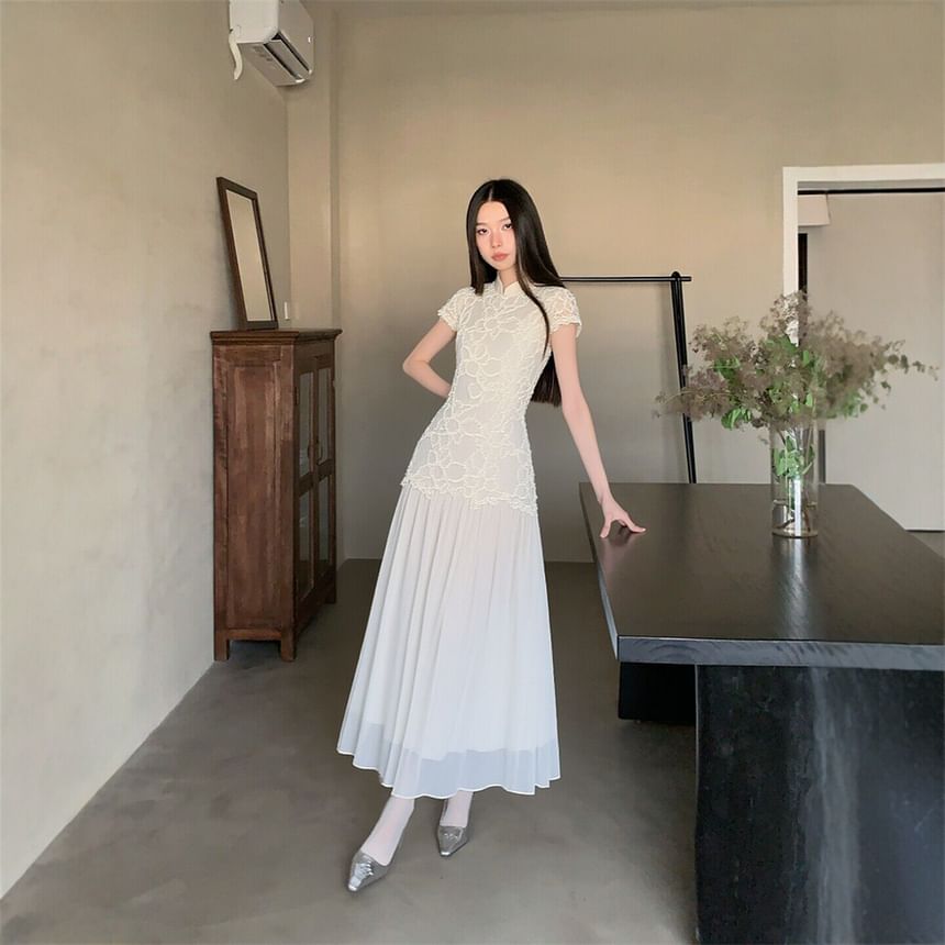 Stand Collar Lace Maxi A-Line Dress (Various Designs)