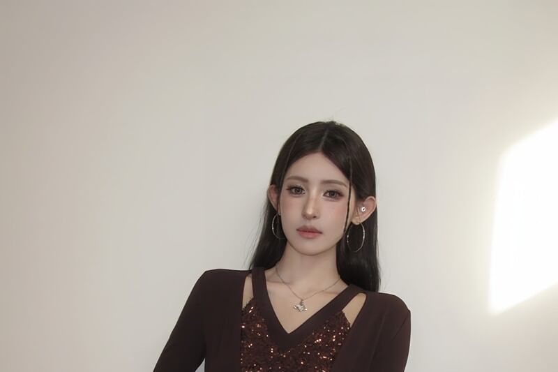 Mock Two-Piece Long-Sleeve V-Neck Sequin Panel Cutout Slim Fit Tee
