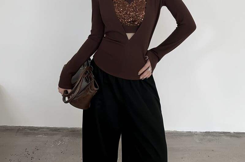 Mock Two-Piece Long-Sleeve V-Neck Sequin Panel Cutout Slim Fit Tee