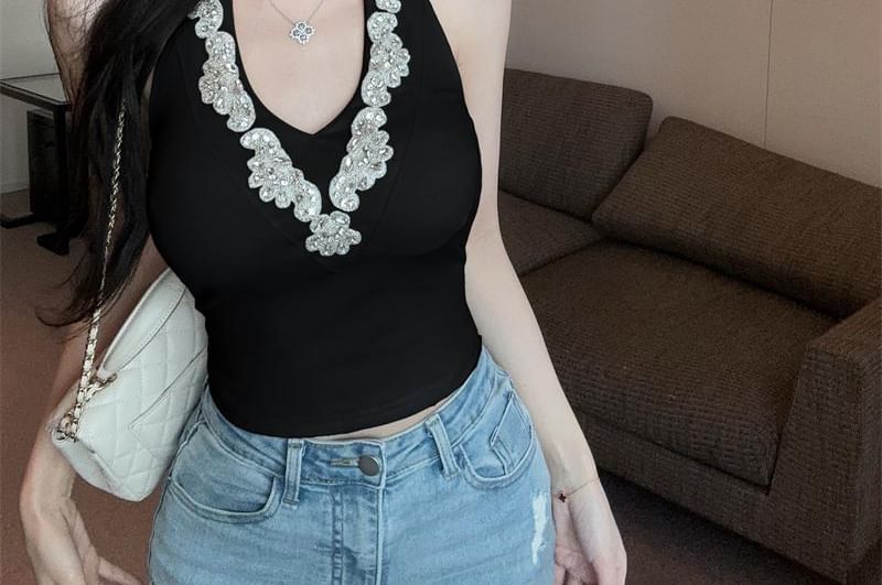 Halter V-Neck Rhinestone Accent Open Back Cropped Top