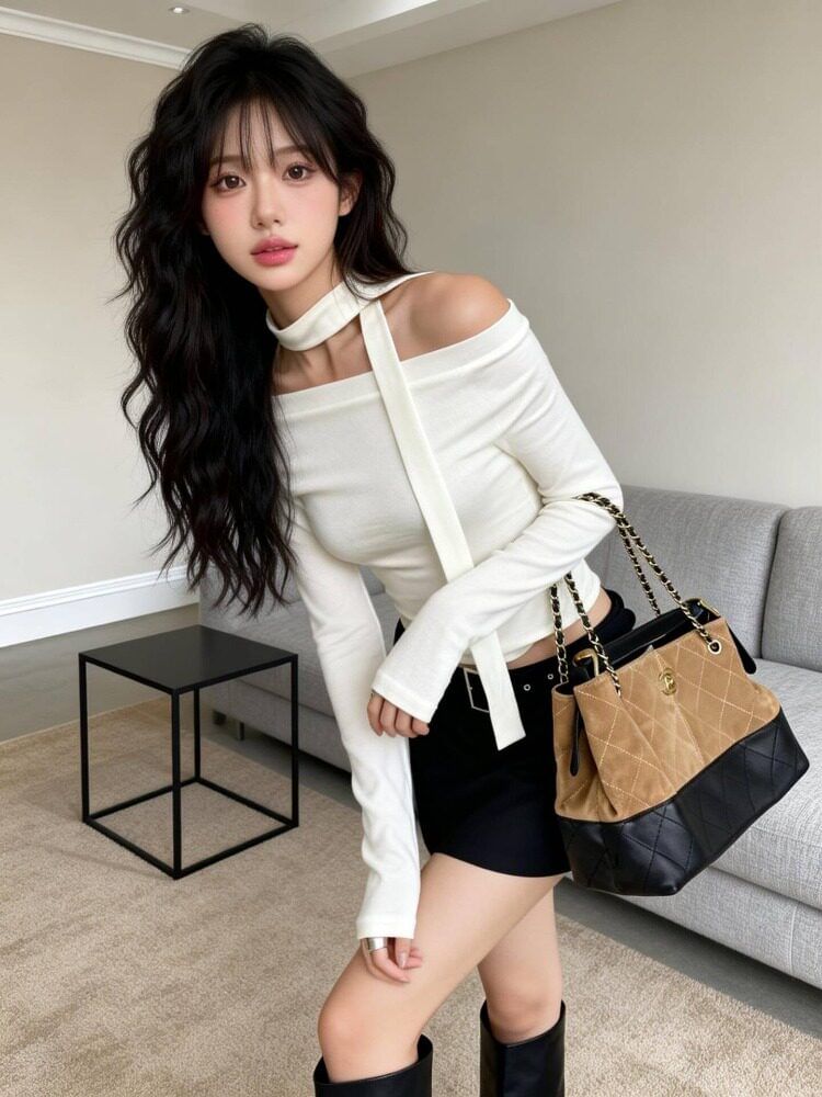 Long-Sleeve Off-Shoulder Solid Slim Fit Cropped Top & Skinny Scarf Set