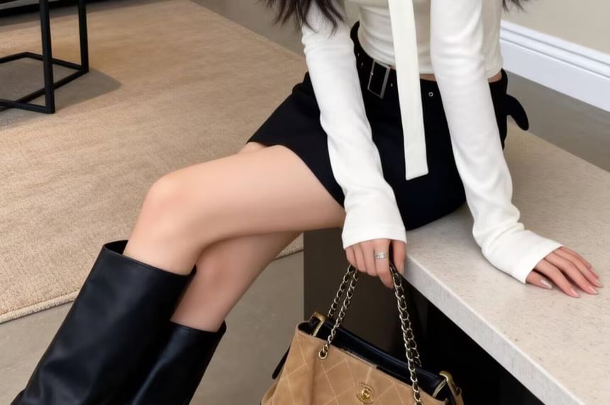 Long-Sleeve Off-Shoulder Solid Slim Fit Cropped Top & Skinny Scarf Set