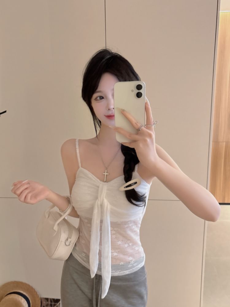 Ruched Lace Slim Fit Cropped Camisole Top