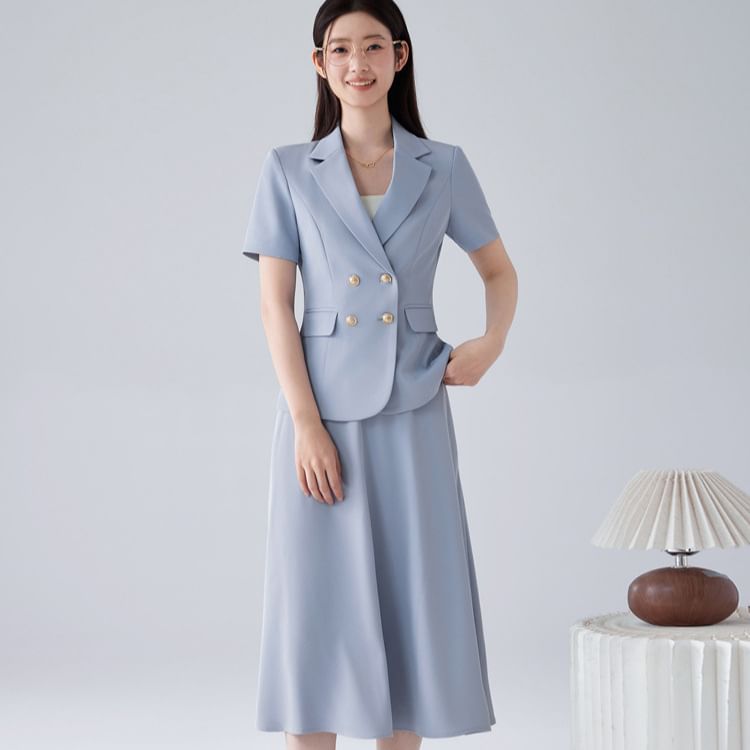 Short Sleeve Blazer / Midi A-Line Skirt Set - Altfashion Shop