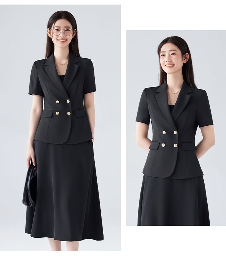 Short Sleeve Blazer / Midi A-Line Skirt Set - Altfashion Shop