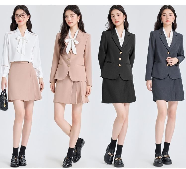 Notch Lapel Blazer + Pleated Mini Skirt + Tie Blouse Set - Altfashion Shop