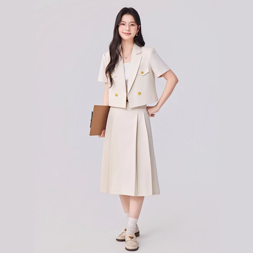 Short Sleeve Double Breasted Blazer + Pleated Midi Skirt Set - Altfashion Shop