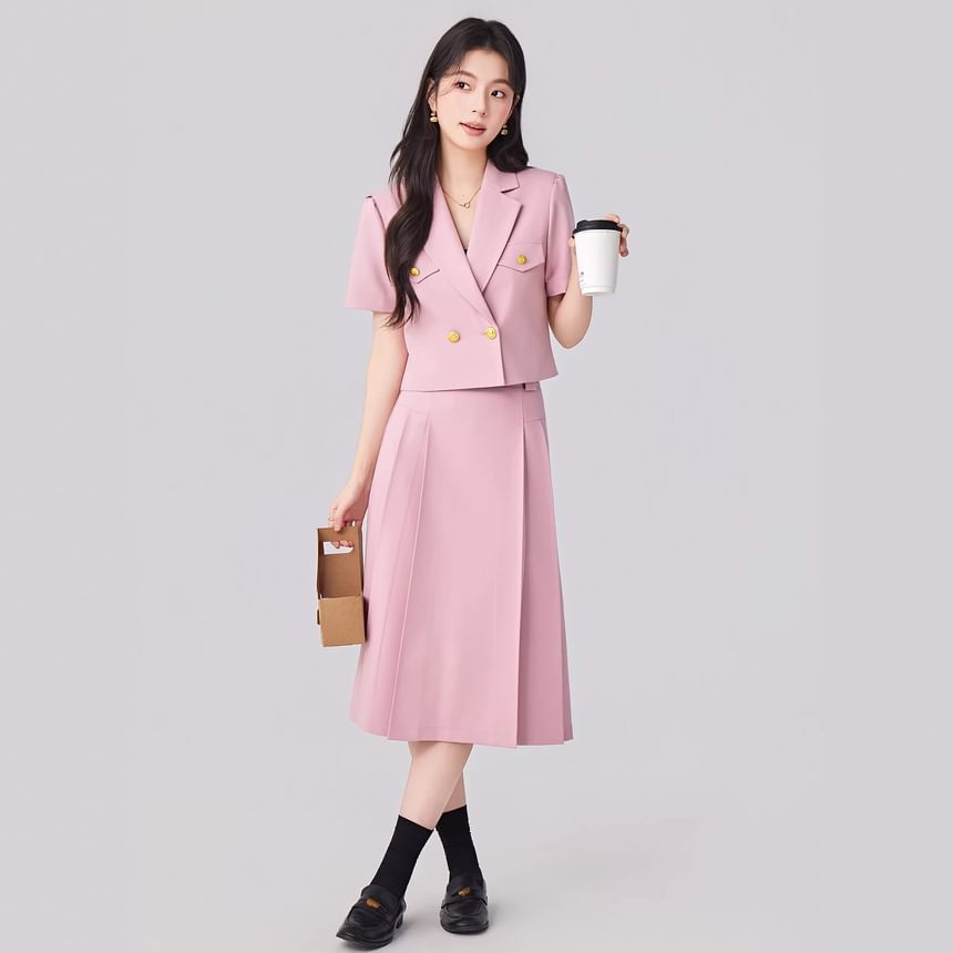 Short Sleeve Double Breasted Blazer + Pleated Midi Skirt Set - Altfashion Shop