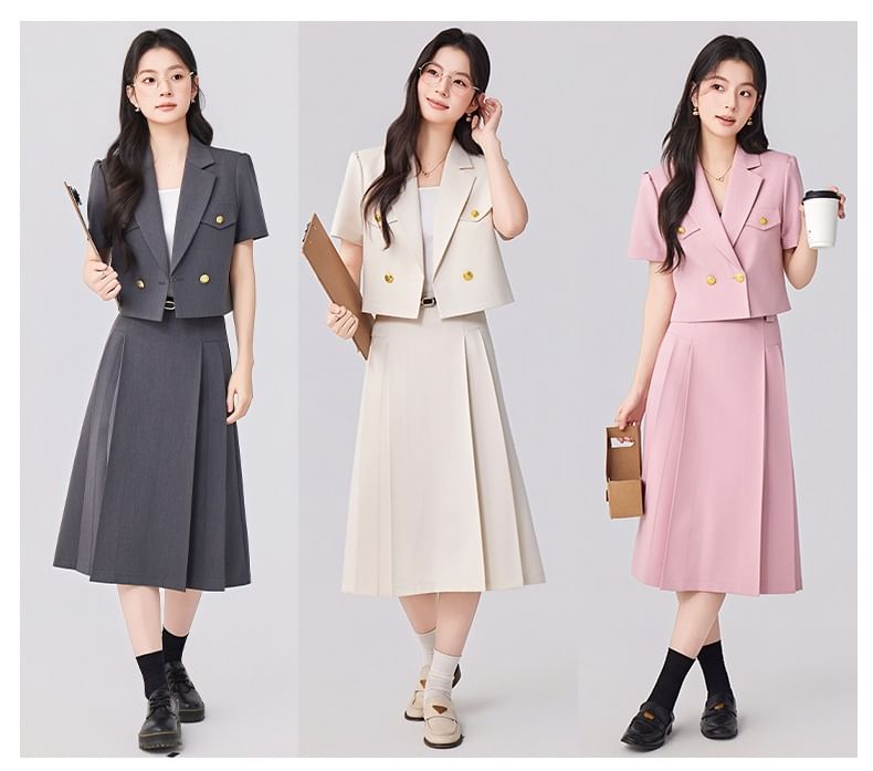 Short Sleeve Double Breasted Blazer + Pleated Midi Skirt Set - Altfashion Shop
