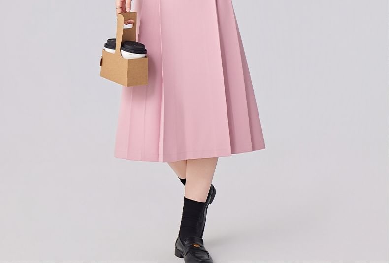 Short Sleeve Double Breasted Blazer + Pleated Midi Skirt Set - Altfashion Shop