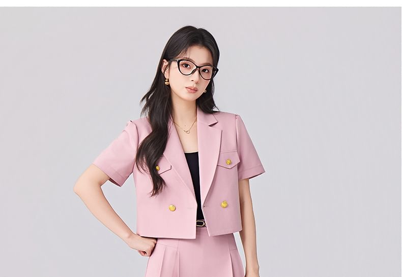 Short Sleeve Double Breasted Blazer + Pleated Midi Skirt Set - Altfashion Shop