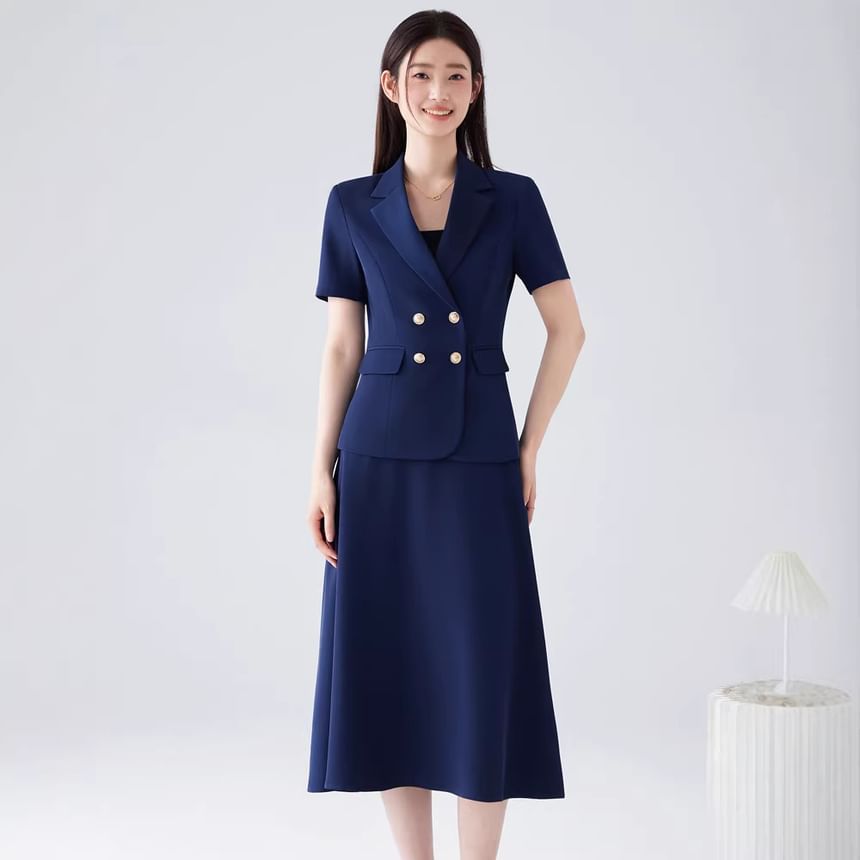 Short Sleeve Notch Lapel Blazer / Midi A-Line Skirt - Altfashion Shop