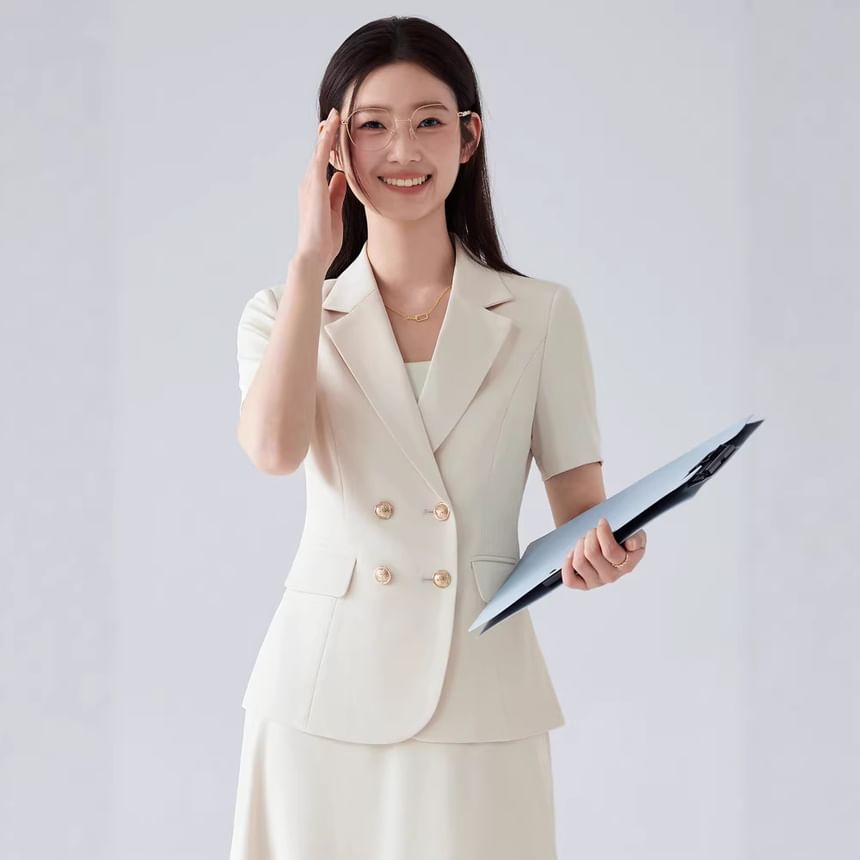 Short Sleeve Notch Lapel Blazer / Midi A-Line Skirt - Altfashion Shop