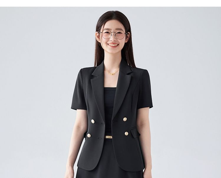 Short Sleeve Notch Lapel Blazer / Midi A-Line Skirt - Altfashion Shop